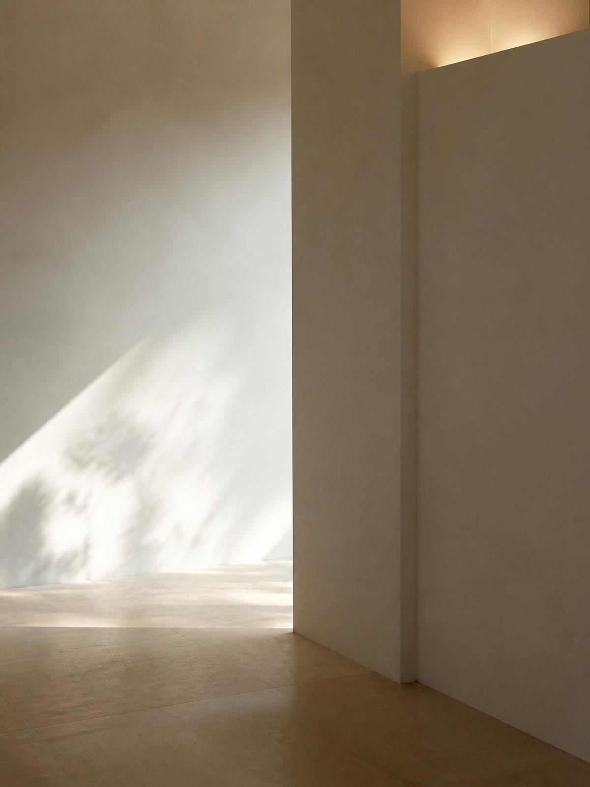 Mur en plâtre lissé baigné d'une lumière rasante dans un intérieur épuré
